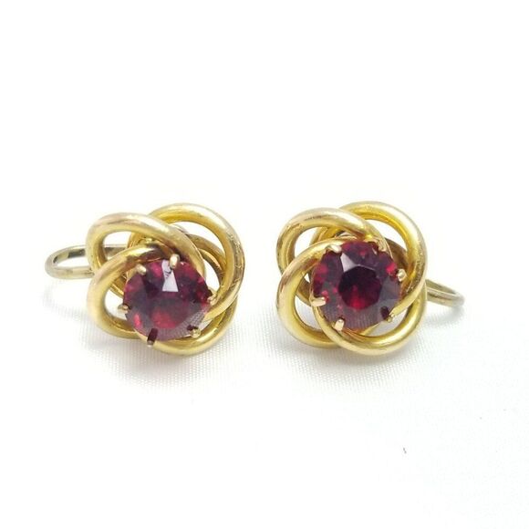 Vintage Sterling Silver Red Rhinestone Knot Design Clip On Earrings, Signed B+N - Picture 7 of 8